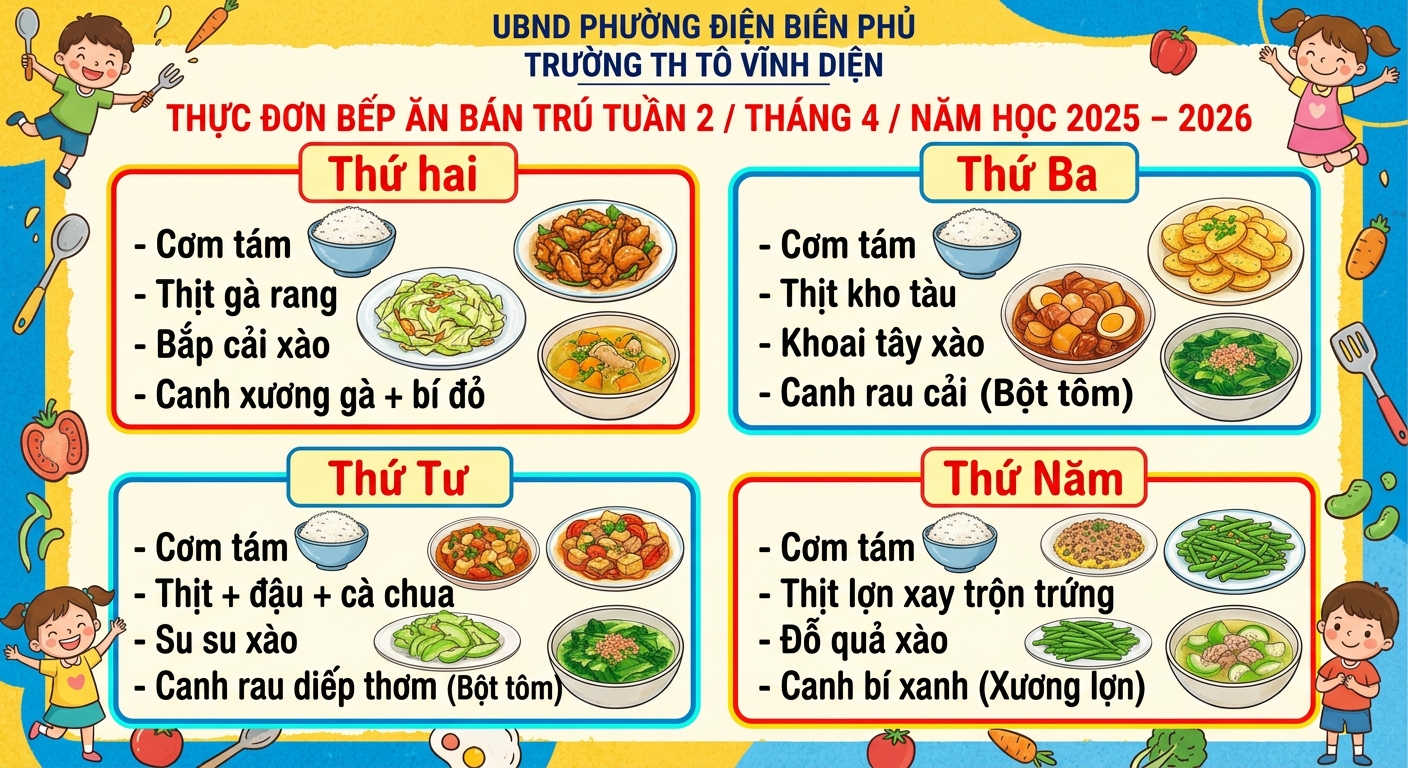 Thực đơn tuần 2 tháng 4 năm học 2025- 2026