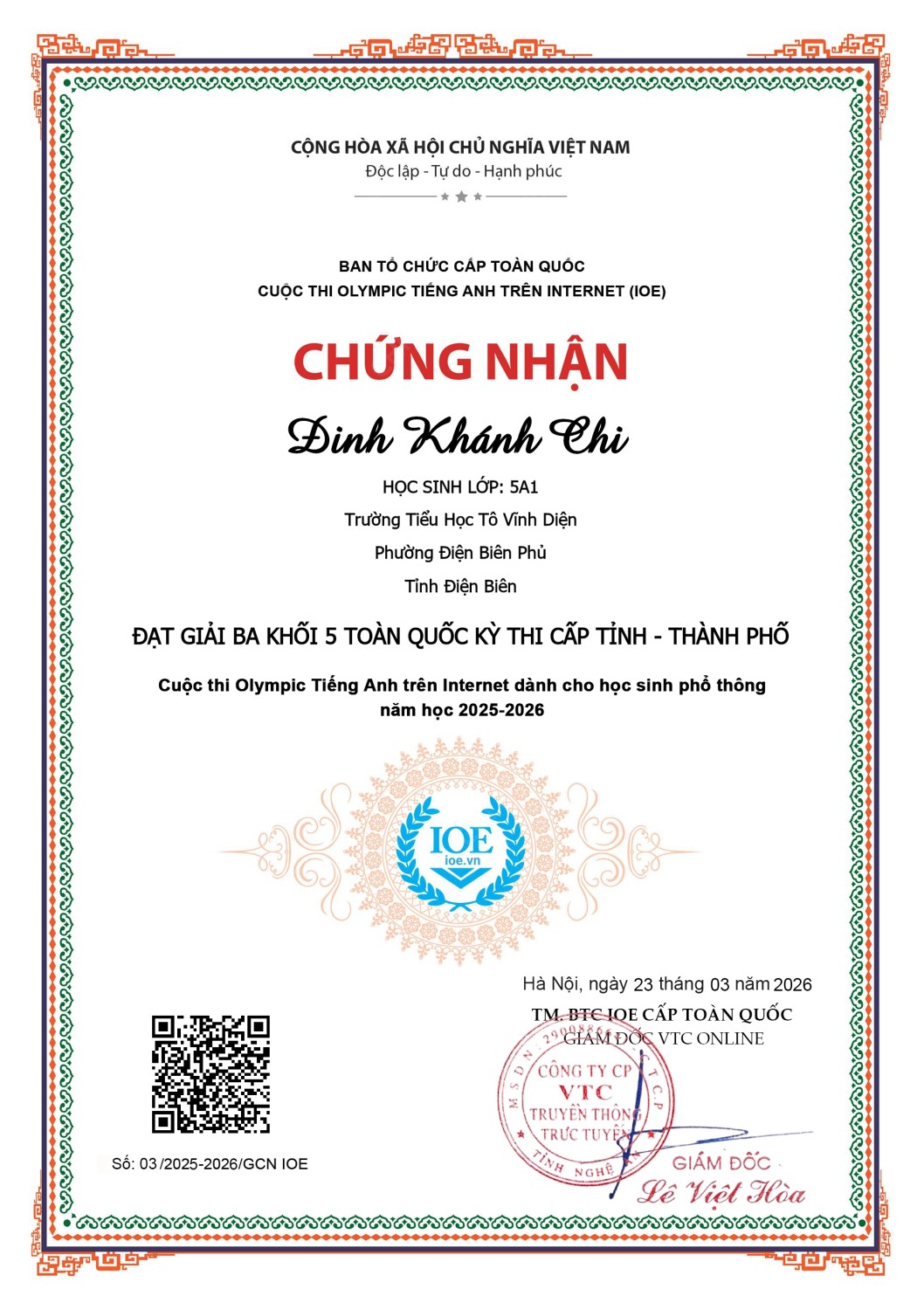 HỌC SINH TRƯỜNG TIỂU HỌC TÔ VĨNH DIỆN ĐẠT KẾT QUẢ CAO  TẠI CUỘC THI IOE CẤP TỈNH NĂM HỌC 2025-2026